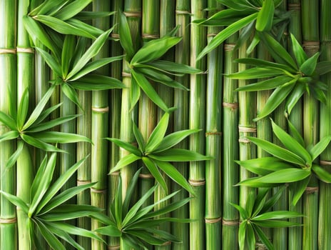 Bamboo and leaves arranged in a natural pattern on green background photo