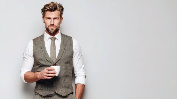 A man in a vest holding a coffee cup photo