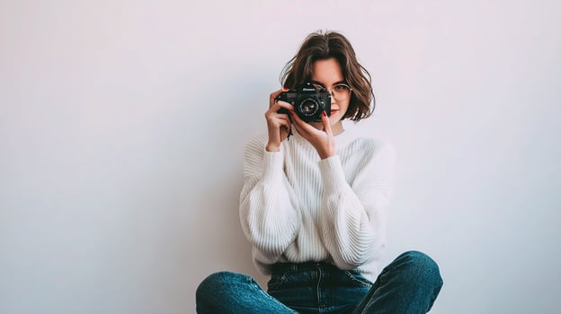 A woman in a sweater holding a camera photo