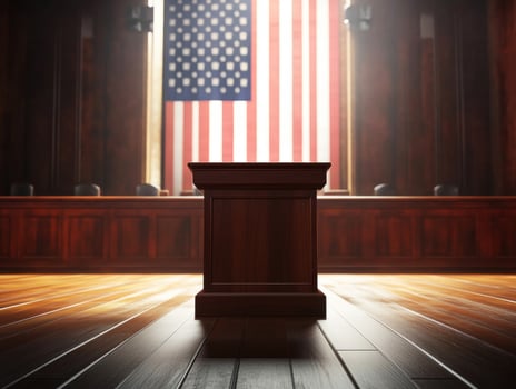Courtroom with American flag and podium at daytime photo