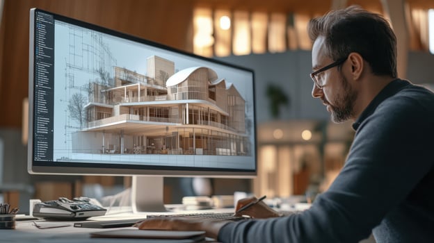 Focused architect working on digital architectural design. photo