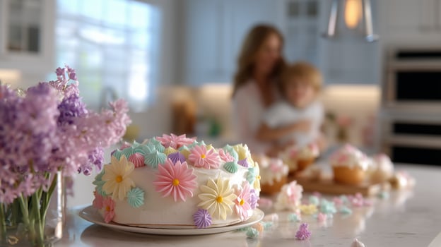 Colorful floral cake on a kitchen counter surrounded by a parent and child during a joyful baking moment photo
