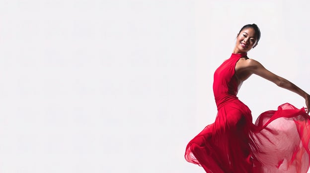 A woman in a red dress is dancing photo