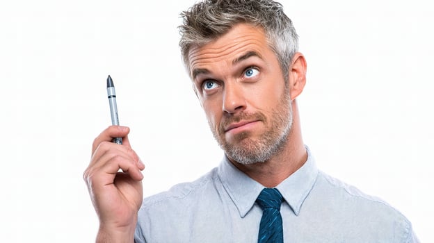 A man in a shirt and tie holding a pen photo