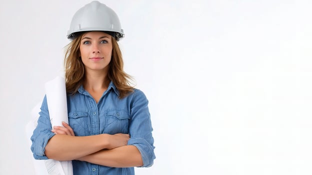A woman in a hard hat and blue shirt photo