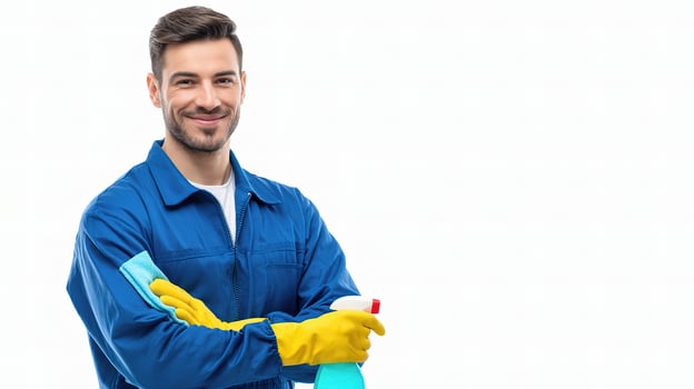 A man in blue overalls holding a cleaning product photo