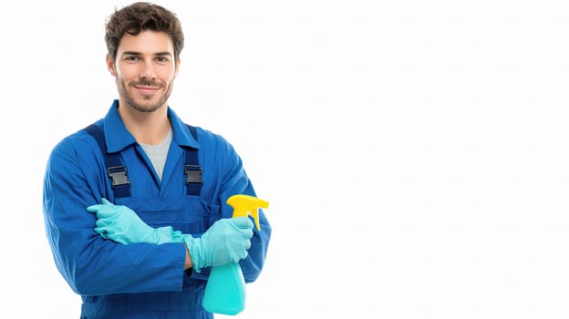 A man in blue overalls holding a sprayer and cleaning glove photo