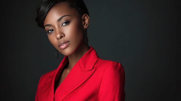 A beautiful young woman in a red suit photo