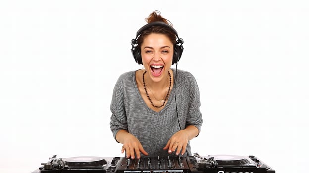 A woman is smiling while playing a dj set photo