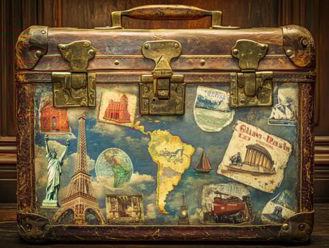 Vintage travel suitcase adorned with colorful destination stickers photo