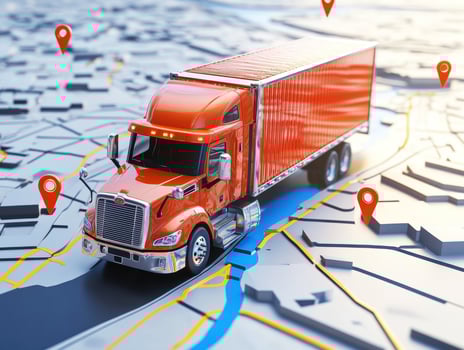 Truck navigating through a city with GPS markers photo