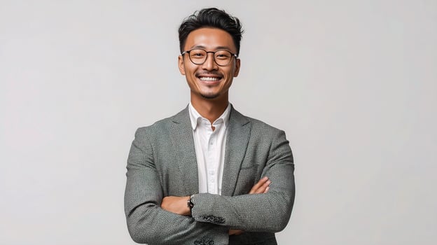 Asian man in suit and glasses standing with arms crossed photo