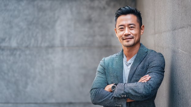 Asian man with arms crossed leaning against a wall photo