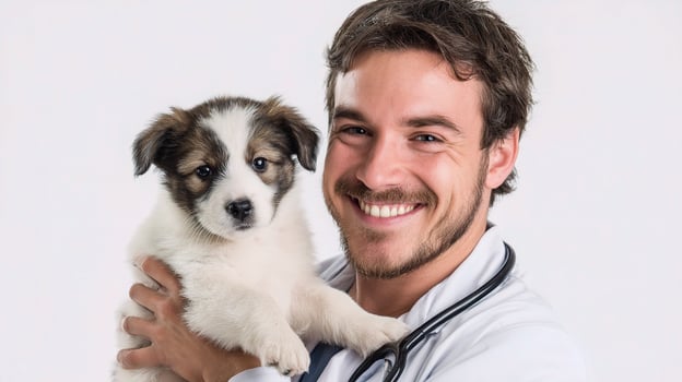 A man in a white coat holding a puppy photo