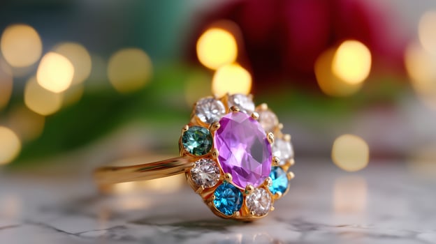 Elegant gold ring adorned with colorful gemstones and a large purple center stone, set against a blurred background with lights photo