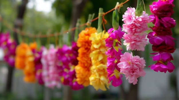 Colorful floral garland hanging outdoors during a festive celebration in a lush green garden photo