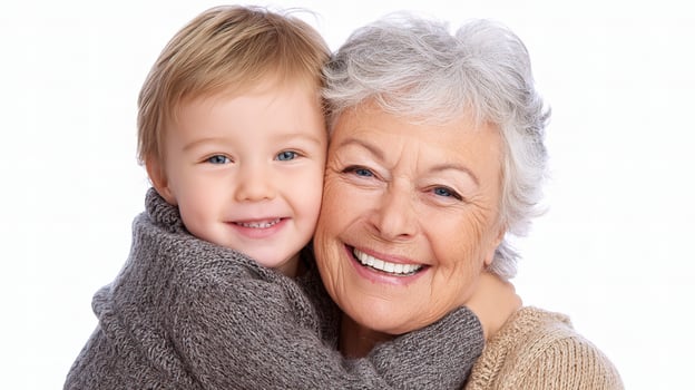 A smiling older woman holding a young child photo