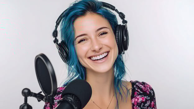A woman with blue hair is smiling while wearing headphones photo