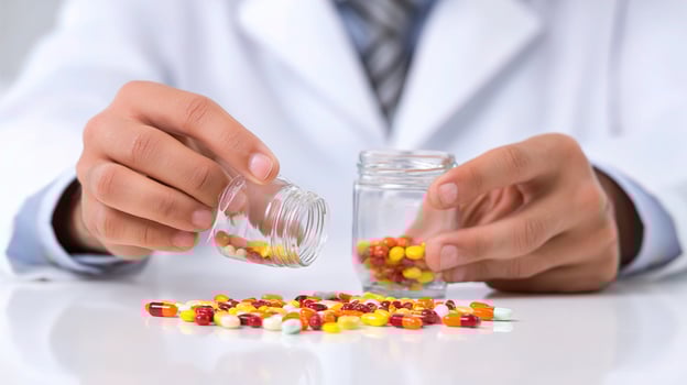 A doctor is holding a jar filled with pills photo