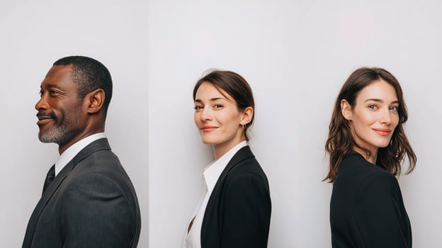 Four people in business attire standing in front of a white wall photo