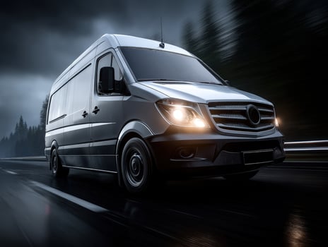 Silver van driving on a wet road under a cloudy sky at dusk, headlights on, blurred motion effect, trees visible in background, front view dominates the frame, no text visible photo
