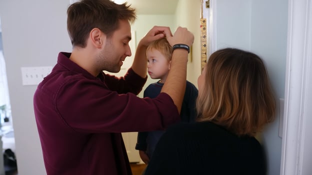 Parent gently styles toddler's hair while assisting in a cozy home environment on a bright morning photo