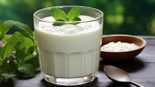 Yogurt drink with mint in a glass photo