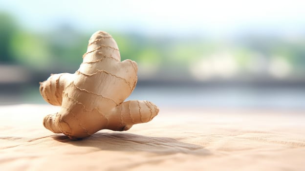 Fresh ginger root on a wooden surface. photo