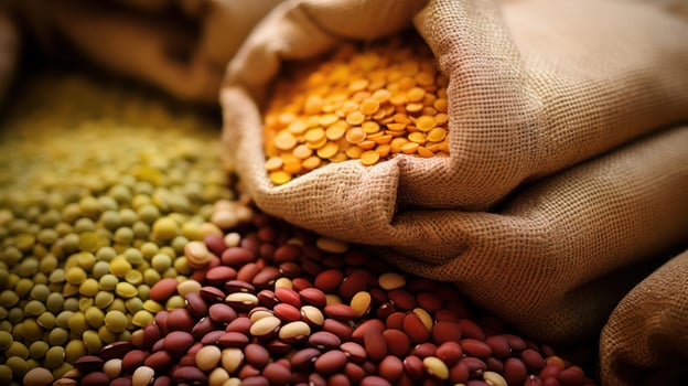 Lentils spilling from a burlap sack, vibrant colors and textures. photo