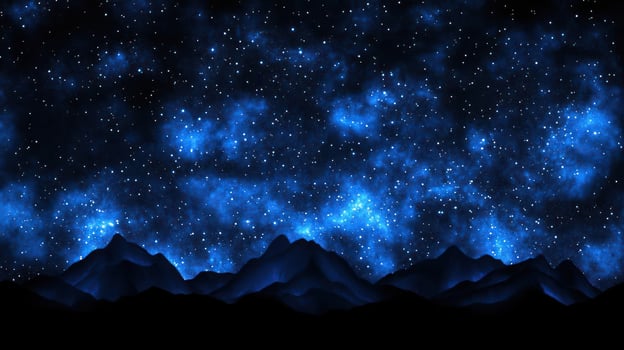 Blue nebula over dark mountain silhouette, cosmic landscape. photo