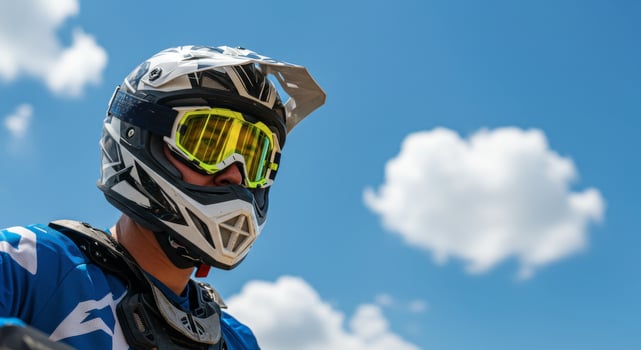 Close up low angle view of a motocross man wearing helmet and goggles photo