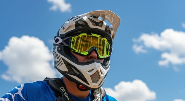 Close up of a motocross rider wearing helmet and goggles against blue sky photo
