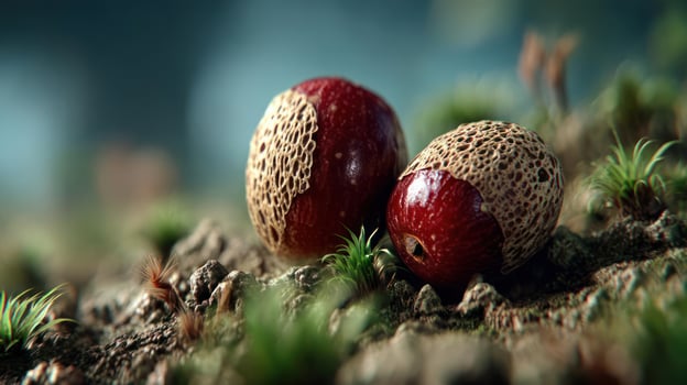 Two red acorns nestled amongst vibrant green moss. photo