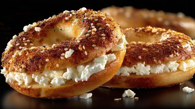 Everything bagels with cream cheese, close-up, delicious breakfast. photo