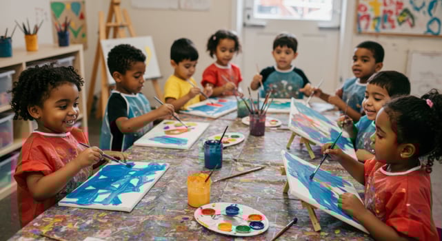 Diverse group of young children painting in a vibrant art studio classroom photo