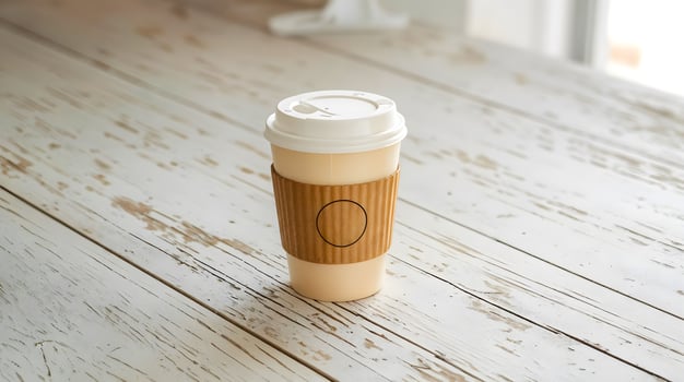 A takeaway coffee cup with a holder on a weathered wooden surface, in natural lighting. photo
