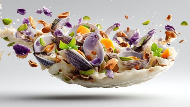 Mussel dish with vibrant ingredients in a splashy, dynamic composition. photo