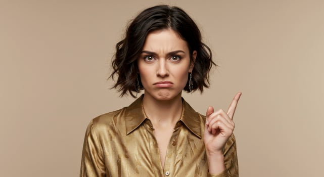 Young woman with displeased expression pointing finger up photo