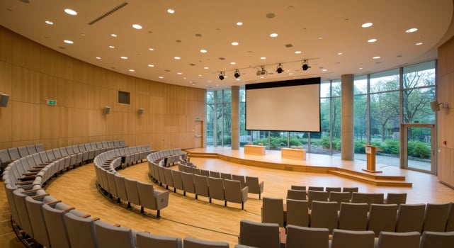 Empty modern auditorium with curved seating stage screen and windows photo