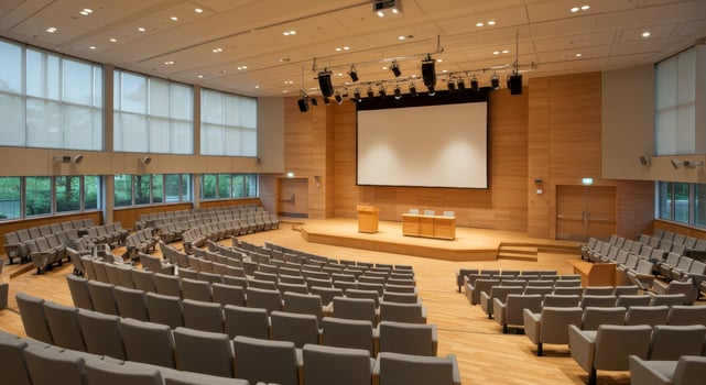 Spacious modern auditorium interior with grey seating stage and projection screen photo