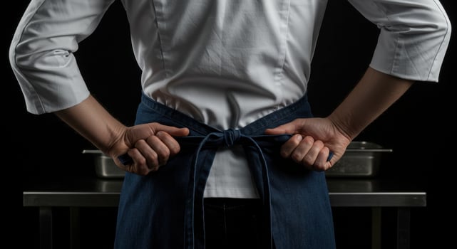 Chef tying apron in professional kitchen preparing for culinary work photo
