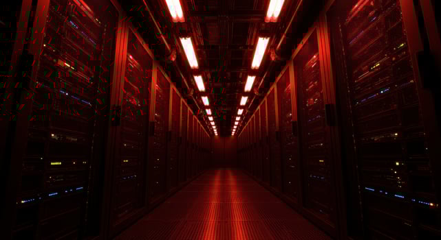 Futuristic data center corridor with glowing red server racks photo