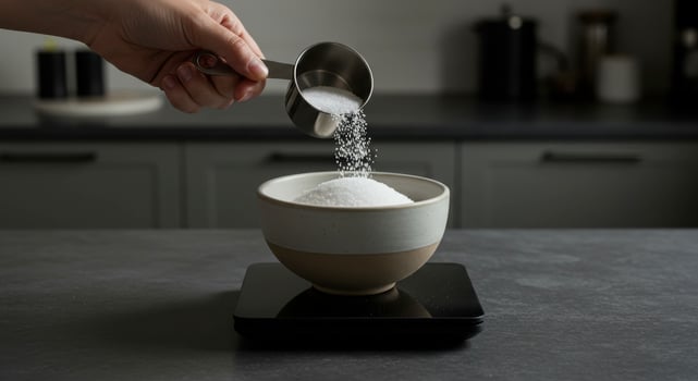 Woman hand pouring white granulated sugar into ceramic bowl on digital scale photo
