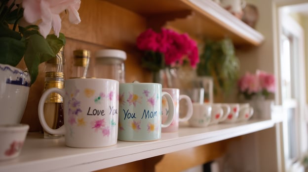 Colorful mugs sit on a shelf surrounded by flowers in a cozy home setting during daylight photo