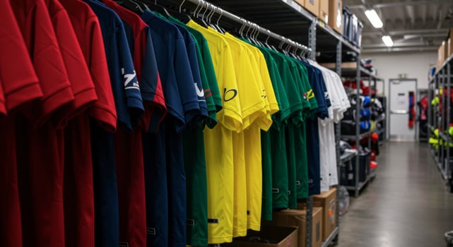Colorful sports jerseys hanging on a rack in a storage area photo
