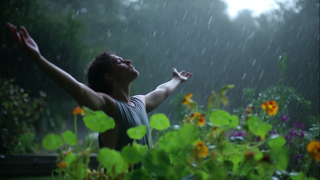Young man enjoys the rain while surrounded by vibrant flowers in a garden at dusk photo
