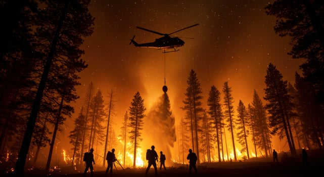 Helicopter dropping water on forest fire at night with firefighters photo