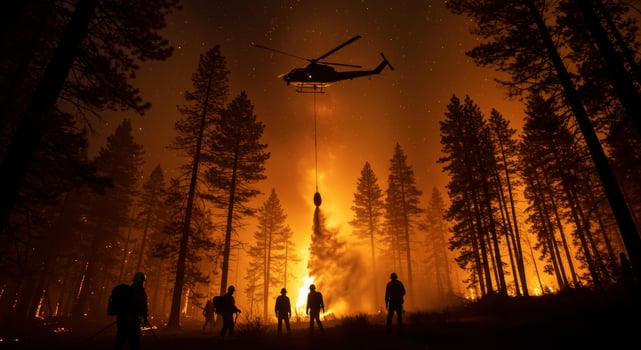 Helicopter drops water on a forest fire at night with firefighters on the ground photo