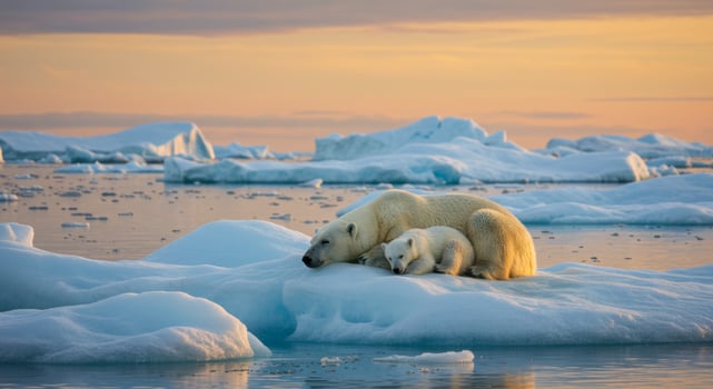 Sleeping Mother Polar Bear and Cub on Ice Floe in Arctic Golden Hour photo