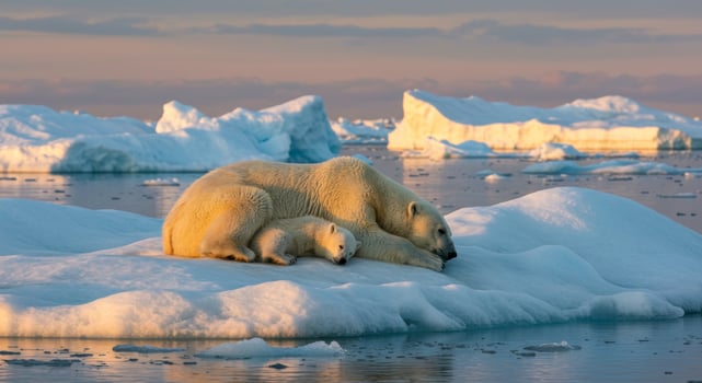 Mother polar bear and cub sleeping on ice floe in arctic golden hour light photo